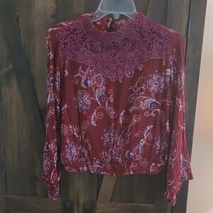 Angie Red Cropped Embellished Blouse with Bib Collar